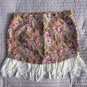 Anthropologie Pink Yellow Floral Mini Skirt with Fringe Trim